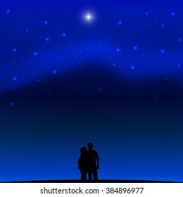 Vector illustration of a silhouette of a romantic couple in love looking at the stars. Girl and the guy on the background of the Milky Way. Space with stars.