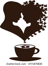 Vector illustration of a silhouette of a romantic girl with butterflies and a young man over a cup of coffee. Perfect for stickers, prints, photos, and labels.