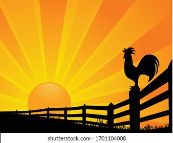 A vector illustration of a silhouette of a rooster on a farm fence crowing at the rising sun