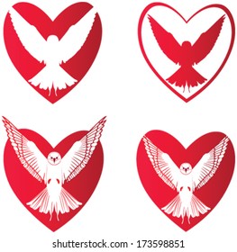 Vector Illustration and silhouette of a rose color bird with open wings in full and inside a love sign.  Red heart symbol with bird used to convey emotion, affection and romantic love. 