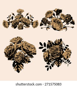 Vector illustration of silhouette rose set,border,frame and corner design
