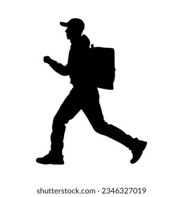 Vector illustration. Silhouette of a running courier with a backpack on his back. Cap.