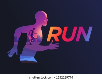 Vector illustration silhouette of a running male athlete marathon on a background of cityscape. 
The dynamics of movement and color, picture in picture. Symbol logo for running event marathon.