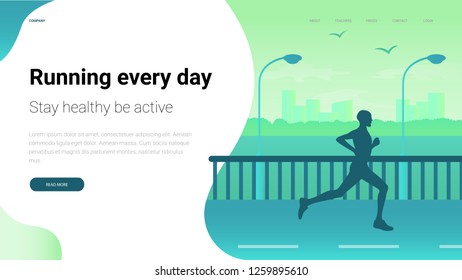 Vector illustration - silhouette of the running man in the city,  lanterns and buildings on background. Banner, site, poster template with place for your text. 