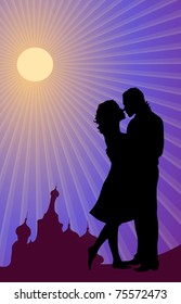 Vector illustration of silhouette of Russian couple kissing