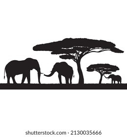 Vector illustration of Silhouette of Safari Savannah Elephant and Giraffe