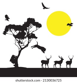 Vector Illustration Of Silhouette Of Safari Savannah Wildlife