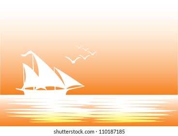 Vector illustration of a silhouette sailing boat with birds flying.