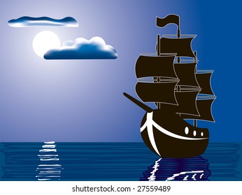 vector illustration of a silhouette of sailing ship illuminated by full moon