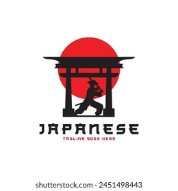 vector illustration of the silhouette of a samurai holding a katana in front of a torii gate