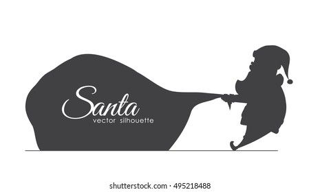 Vector illustration: Silhouette of Santa Claus pulls a heavy bag full of gifts on white background. 