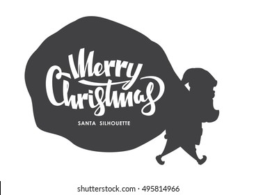 Vector illustration: Silhouette of Santa Claus carries a heavy sack  full of gifts on white background.