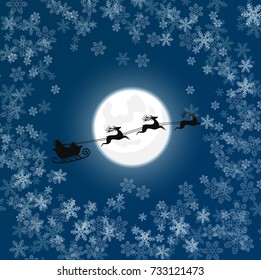 Vector illustration of silhouette of Santa in snow flying sledge over moon. Christmas card.