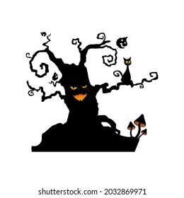 Vector illustration of a silhouette of a scary tree with glowing eyes. Scary Halloween character, to decorate banners and invitations