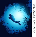 Vector illustration with silhouette of scuba diver, coral reef and school of fish. Underwater wildlife. Seascape with coral cave. 