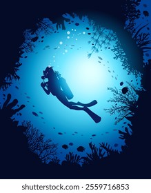 Vector illustration with silhouette of scuba diver, coral reef and school of fish. Underwater wildlife. Seascape with coral cave. 