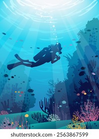 Vector illustration with silhouette of scuba diver, colorful coral reef and school of fish.Seascape with underwater wildlife.