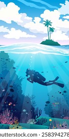 Vector illustration with silhouette of scuba diver, coral reef, fishes and blue cloudy sky with island above. Underwater seascape. 