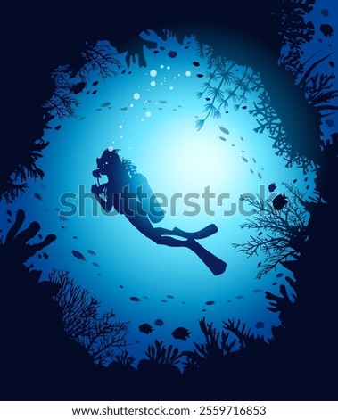 Vector illustration with silhouette of scuba diver, coral reef and school of fish. Underwater wildlife. Seascape with coral cave. 