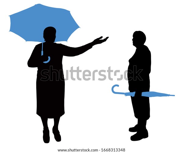 年配の女性のベクターイラスト 祖母は傘を差して立つ 彼女は雨が降っているか確かめるために手を伸ばした 手に閉じた傘を持つ女性 青 黒 のベクター画像素材 ロイヤリティフリー