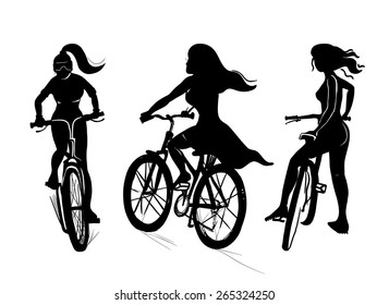 Vector illustration. silhouette. Set of three cyclists, isolated on white background