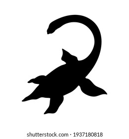 Vector illustration silhouette, shape of waterfowl dinosaur isolated on white background. Loch Ness monster nessie, prehistoric animals, large sea dinosaurs.