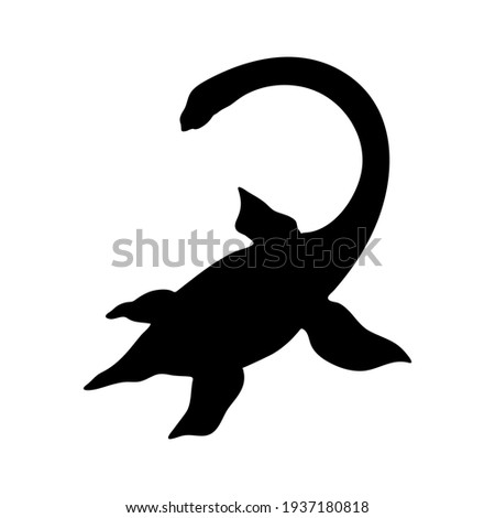 Vector illustration silhouette, shape of waterfowl dinosaur isolated on white background. Loch Ness monster nessie, prehistoric animals, large sea dinosaurs.