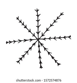 Vector illustration. Silhouette of snowflake isolated on white background. Cozy holiday winter element. Symbol of snow, cold weather, frost. Hand drawn doodle clipart.  