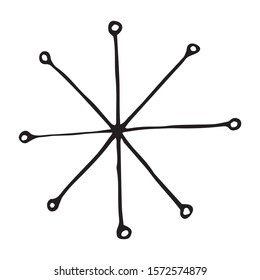 Vector illustration. Silhouette of snowflake isolated on white background. Cozy holiday winter element. Symbol of snow, cold weather, frost. Hand drawn doodle clipart.  