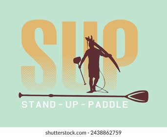 Ilustración vectorial de la silueta de stand up paddleboarder en composición con texto.