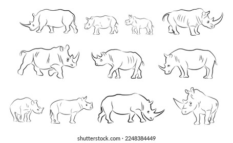 vector illustration of a silhouette of a standing rhinoceros. rhinoceros  for the logo. Rhino Animal Silhouette set