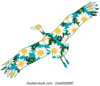 Vector illustration of a silhouette of a stork with a chamomile-clover field inside. Sticker for printing.