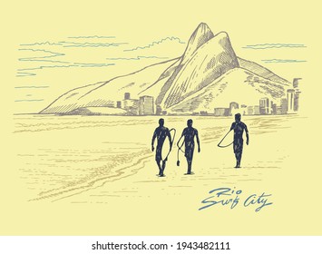 Vector illustration of silhouette of surfers walking on the beach with tropical landscape in the background. Art in stripped strokes, in simple strokes in sketch style. Drawing for print on t-shirts, 