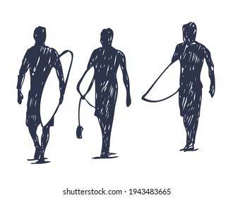 Vector illustration of silhouette of surfers walking. Art in simple and bare lines in sketch style. Drawing for print on t-shirts, posters and etc ...