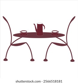  Vector illustration of the silhouette of a table and two chairs. Round table and chairs for cafes, restaurant terraces.