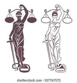 Vector illustration silhouette of Themis statue holding scales balance and sword isolated on white background. Symbol of justice, law and order.