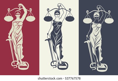 Vector illustration silhouette  of Themis statue holding scales balance and sword isolated on colored background. Symbol of justice, law and order