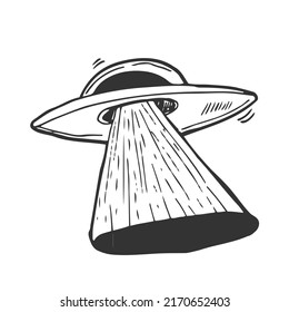 Vector illustration. Silhouette of toy UFO space ship. Alien space ship. Futuristic unknown flying object. Isolated pattern on white background