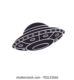 Vector Illustration. Silhouette Of Toy UFO Space Ship. Alien Space Ship. Futuristic Unknown Flying Object. Isolated  Pattern On White Background