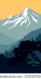 Ilustración vectorial de una silueta de un árbol sobre un fondo de montañas distantes