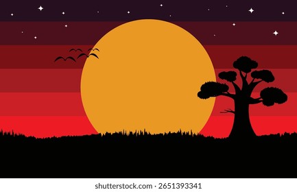 vector illustration a silhouette of tree at sunset with grass. the moment of transition from afternoon to evening