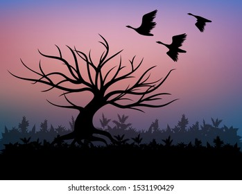 Vector illustration of a silhouette of a tree and a thicket of grass against a red sunset sky beautiful color transitions