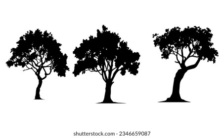 Vector illustration. Silhouette of trees with leaves. Template set.