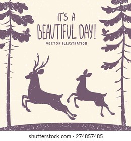 vector illustration silhouette of two beautiful deer in a pine forest