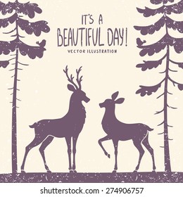 vector illustration silhouette of two beautiful deer in a pine forest