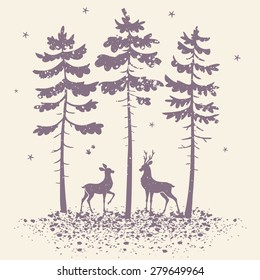 vector illustration silhouette of two beautiful deer in a pine forest in grunge style