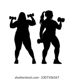 Vector illustration. Silhouette of two female friends with dumbbells in their hands. Slimming. Healthy lifestyle.