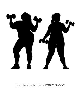 Vector illustration. Silhouette of two female friends with dumbbells in their hands. Slimming. Healthy lifestyle.