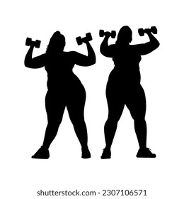 Vector illustration. Silhouette of two female friends with dumbbells in their hands. Slimming. Healthy lifestyle.