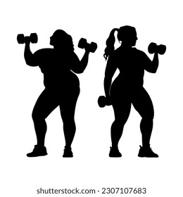 Vector illustration. Silhouette of two female friends with dumbbells in their hands. Slimming. Healthy lifestyle.